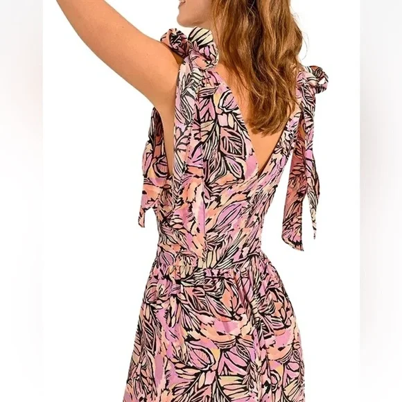 NWOT Molly Bracken Pink Palm Print Tie Sleeve Deep V-Neck Maxi Dress Size Small - Picture 4 of 14